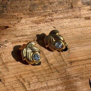 Vintage Leaf Clip-On Earrings Gold Tone Clear Rhinestone Accent Womens